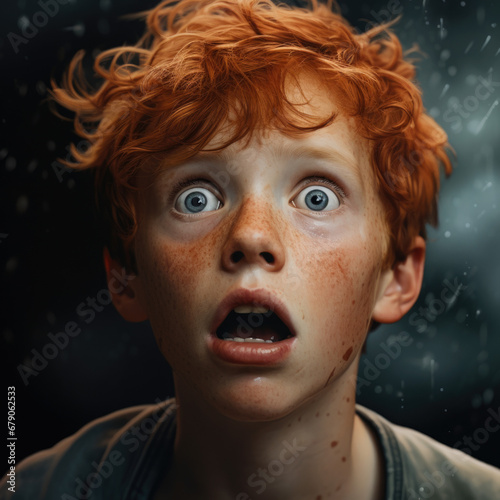 Funny boy with curly ginger hair and freckles being shocked © Ruslan Gilmanshin