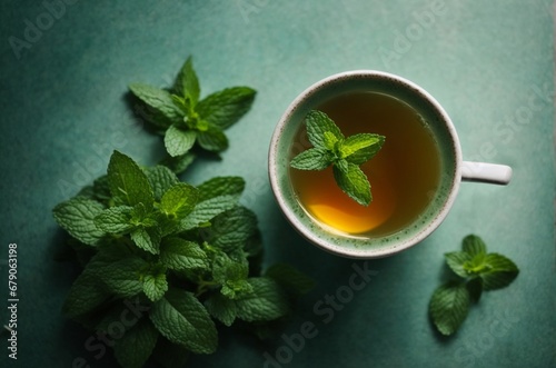 Mint tea with lemon and mint in a glass bowl on a table