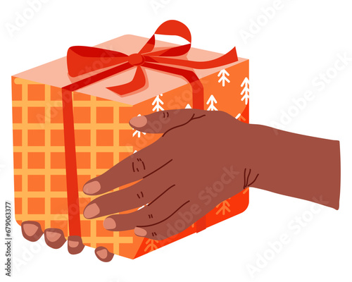 Hands with gift. Holding present box, holiday package in festive paper wrapping, tied with ribbon, bow. Christmas surprise. Vector illustration