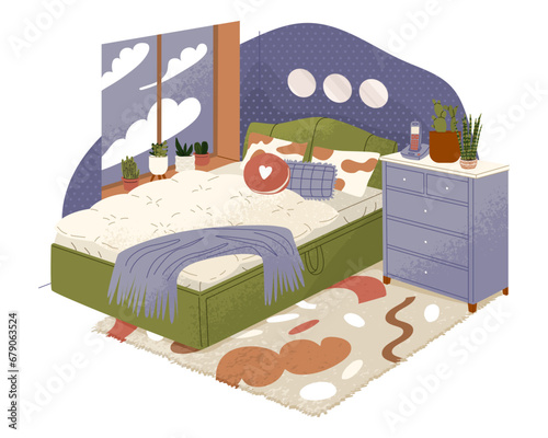 Bedroom interior with double bed, chest of drawers and plants. Colorful modern carpet on the floor, window with clouds. Vector illustration isolated on white background.
