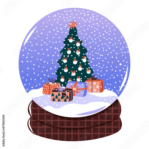 Snow globe with Christmas tree and gift boxes. Christmas  souvenir. Present for cozy Happy Holidays