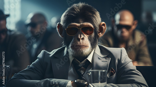 monkey businessman in a suit at an office meeting