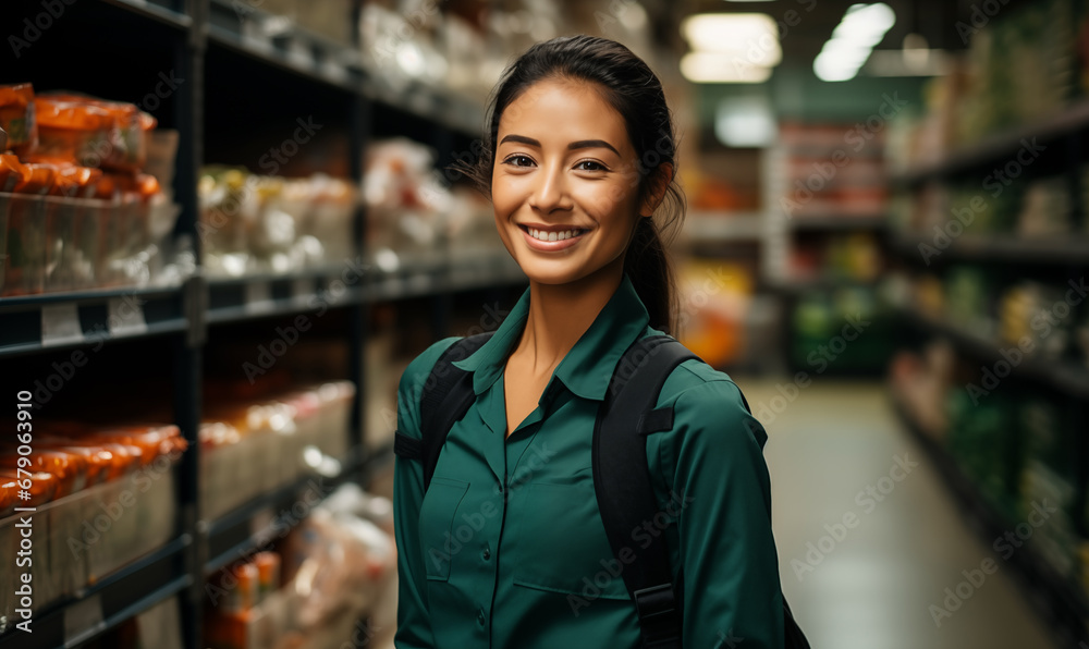 A candid portrait of a confident female manager. Intend to work in a supermarket The background is a supermarket atmosphere, Generative AI A candid portrait of a confident female manager. Intend to work in a supermarket The background is a supermarket atmosphere, Generative AI