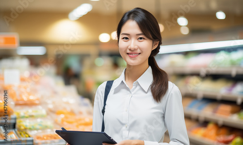 A candid portrait of a confident female manager. Intend to work in a supermarket The background is a supermarket atmosphere, Generative AI