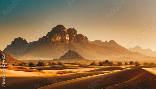 desert landscape with sunset sky background, ai generated photo