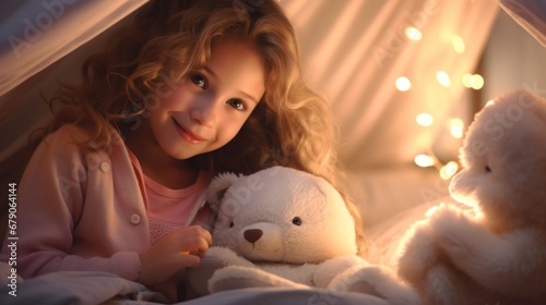 A little girl laying in bed with a teddy bear