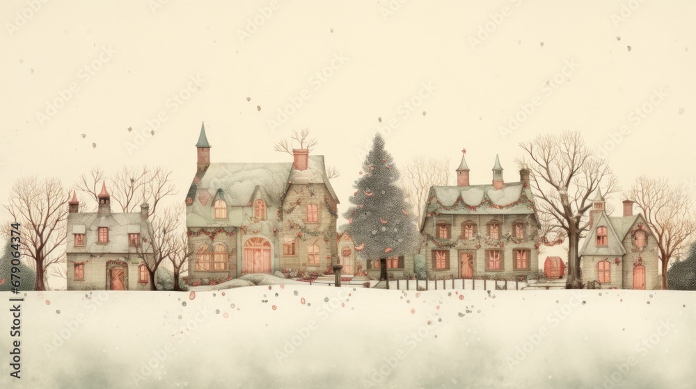 A painting of a house with a christmas tree in front of it