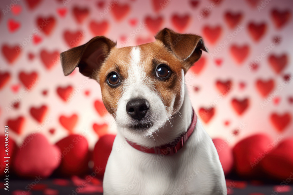 Close up dog Jack Russell on the red hearts backdrop.Symbolizes pet affection and Valentine's Day joy. Perfect for love and loyalty themes.Greeting cards. National Pet Day