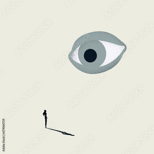 Business woman being monitored at work minimal illustration. Symbol of loss of privacy, surveillance. Vector concept.