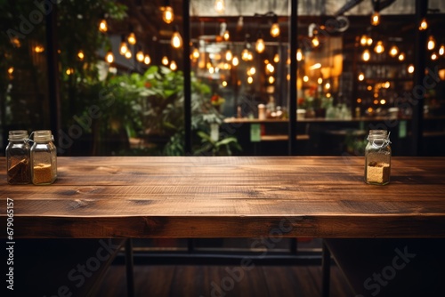 image of wooden table in front of abstract blurred background of resturant lights  wood table on blur of cafe  coffee shop  bar  background - can used for display or montage your products