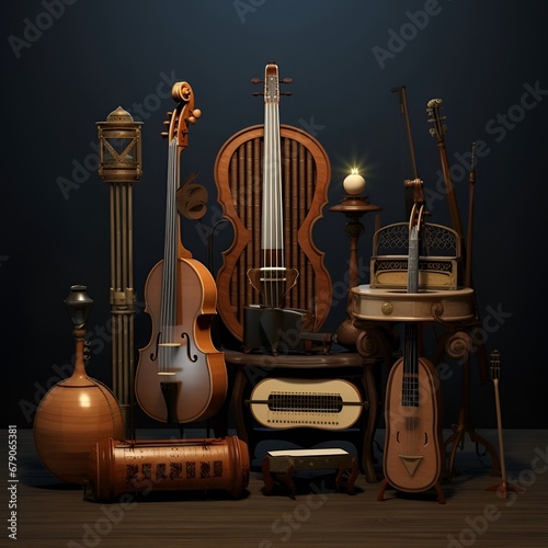 Captivating ensemble of violin, guitars, and various musical instruments. Harmonious composition evoking the artistry and soulful essence of music.