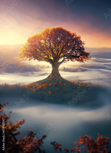 The tree of life surreal scene with a majestic ancient wood above the foggy valley at sunset