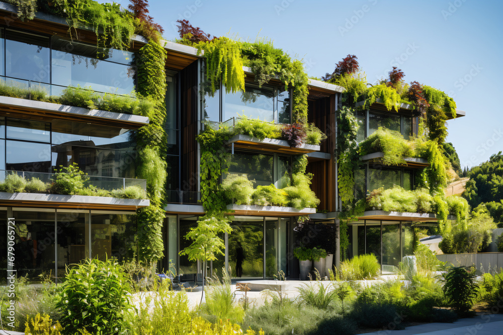 Eco-friendly building in the modern city. Sustainable glass office building with tree for reducing carbon dioxide. Office building with green environment. Corporate building reduce CO2.