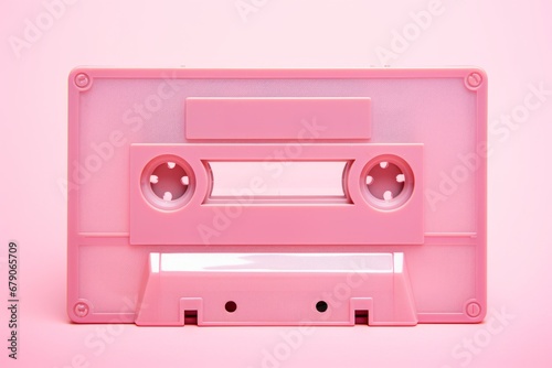 An old pink cassette on pastel pink background. Pop art inspiration. Close up shot, monochromatic light pink. Retro music 90s, 80s. photo