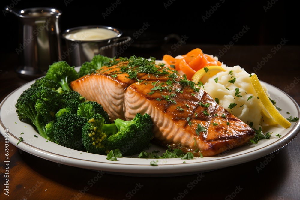 Grilled salmon fillet with mashed potato and vegetables on a plate Grilled salmon fillet with mashed potato and vegetables on a plate