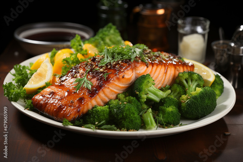 Grilled salmon fillet with mashed potato and vegetables on a plate