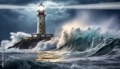 Old red and white lighthouse with light beams in the stormy sea with large waves crashing on the cliff. A guiding beacon in a sea of uncertainty.