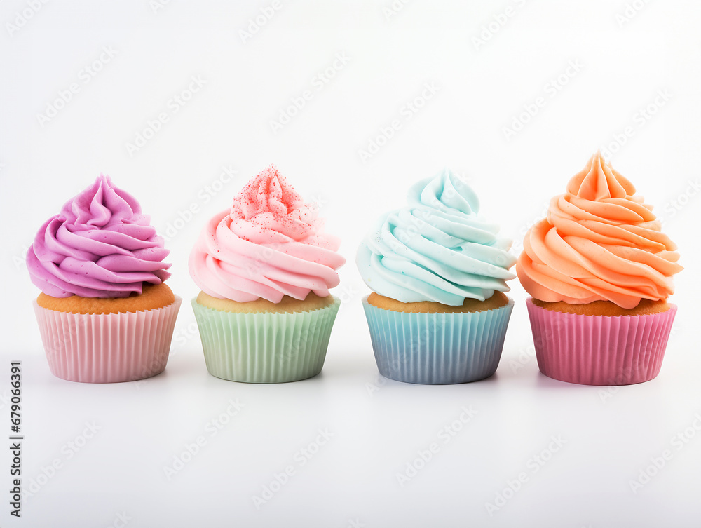 cupcake with multiple color purple pink skyblue orange frosting