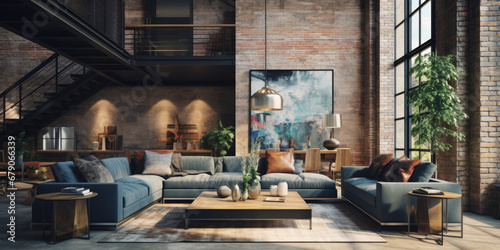 Loft style living room decor , interior design with large sofa, large abstract painting on the background of brick wall