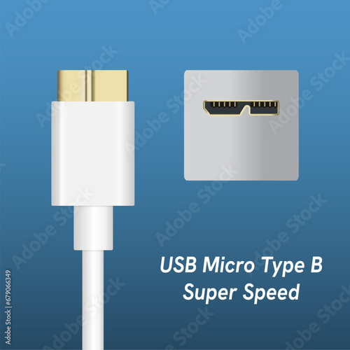 Micro USB type B super speed Cable Plugs and Socket Isolated on Blue Background.