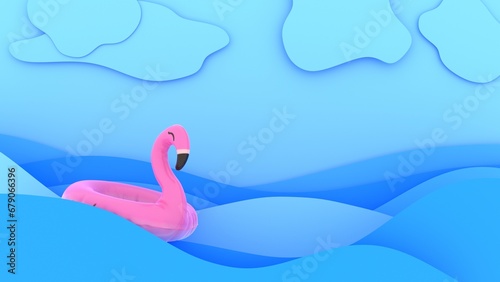 pink flamingo in the sea, inflatable toy, cartoon style, 3d render © Andrei