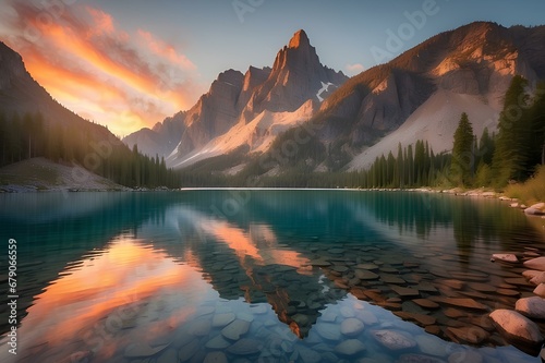 A serene lake with rocky mountains scenery 