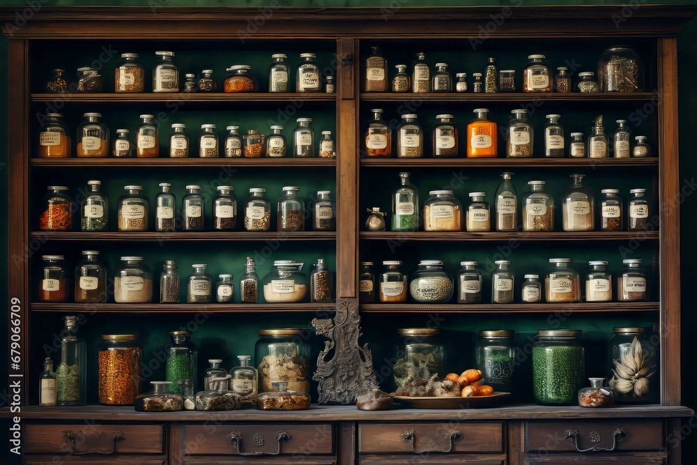Pharmacy shelf with various ingredients. Old alchemy science pharmaceutical medicine herbs. Generate ai