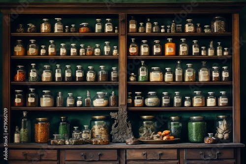 Pharmacy shelf with various ingredients. Old alchemy science pharmaceutical medicine herbs. Generate ai