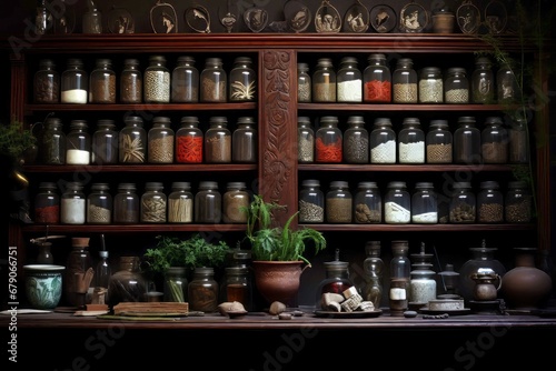 Pharmacy rack with various bottles ingredients. Antique drugstore apothecary with herbal medicine. Generate ai
