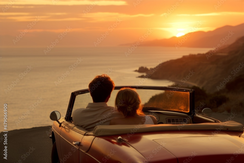 Back view happy unrecognizable couple girlfriend boyfriend together enjoying romantic dating ride road trip tour driving convertible car sunset sunlight traveling summer time holidays vacation outside - obrazy, fototapety, plakaty 