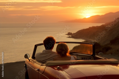 Back view happy unrecognizable couple girlfriend boyfriend together enjoying romantic dating ride road trip tour driving convertible car sunset sunlight traveling summer time holidays vacation outside