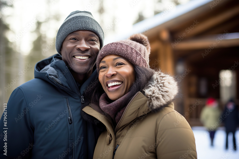 Smiling black couple in winter clothes in front of cabin in holiday season