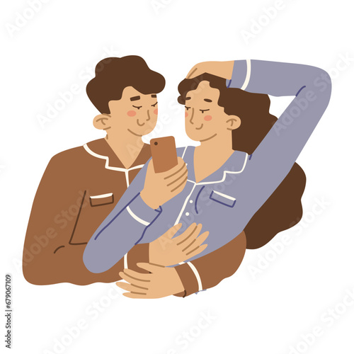 A young couple in pajamas hugs and looks at the phone. They take selfies and browse social media together. Family life. Vector illustration isolated on white background.