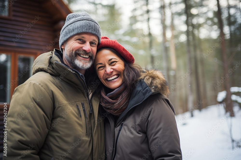 Joyful man and woman in cold weather clothing stand before a winter lodge