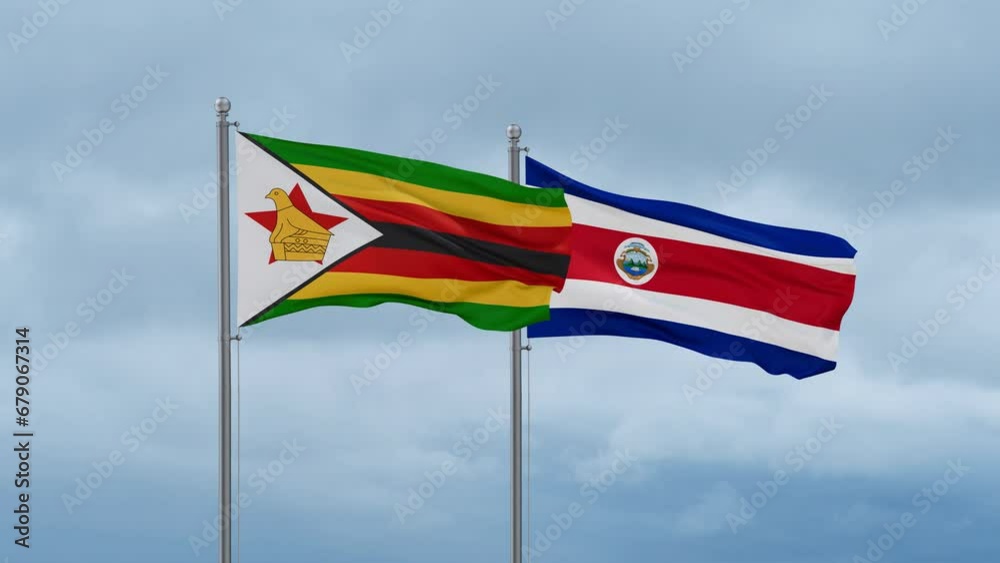 Costa Rico and Zimbabwe flag waving together on cloudy sky, endless seamless loop, two country cooperation concept