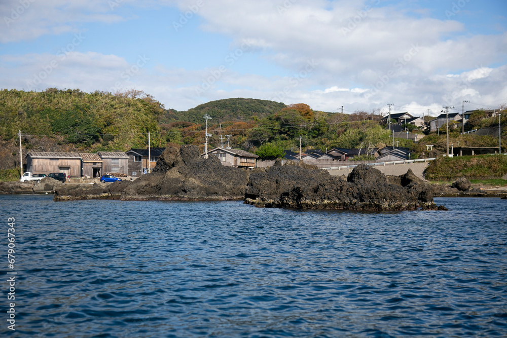 Coastline formed by volcanic activity in Ogi coast in Sado Island, Niigata prefecture, Japan. Coastline formed by volcanic activity in Ogi coast in Sado Island, Niigata prefecture, Japan.
