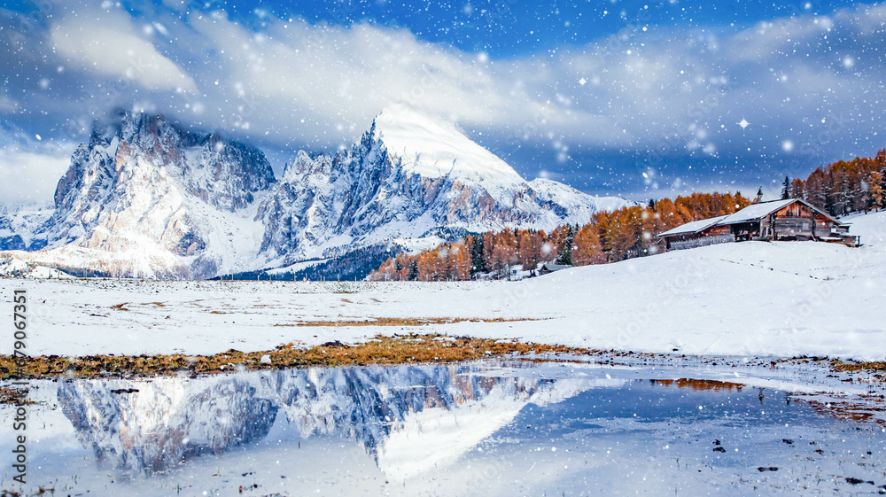 snowy early winter landscape in Alpe di Siusi. Dolomites Italy - winter holidays destination snowy early winter landscape in Alpe di Siusi. Dolomites Italy - winter holidays destination