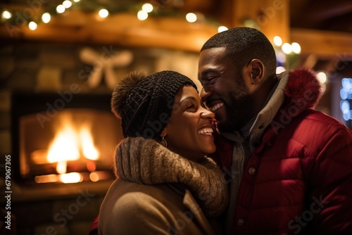 Happy middle age black couple hugging near fireplace in winter forest cabin