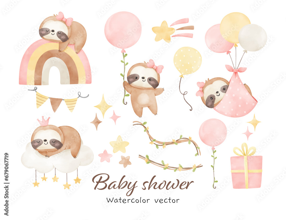 Obraz premium Baby shower sloth watercolor Decoration nursery birthday girl Print for invitation card Poster Template