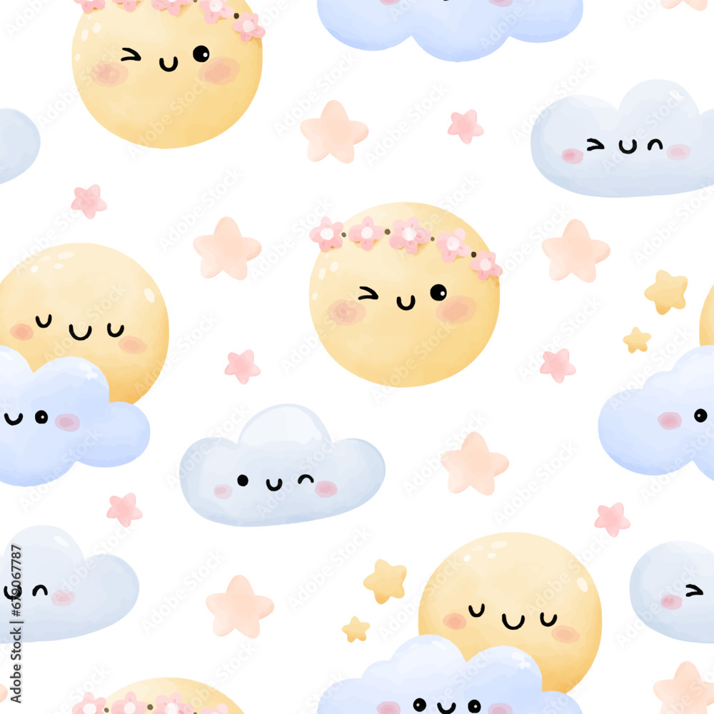 Draw seamless background funny sun cloud star Weather concept For baby shower Greeting card Clothing kids Draw seamless background funny sun cloud star Weather concept For baby shower Greeting card Clothing kids