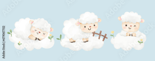 Draw little sheep on cloud For nursery birthday kids Print for invitation card Poster Template Watercolor style © Luckycatarts