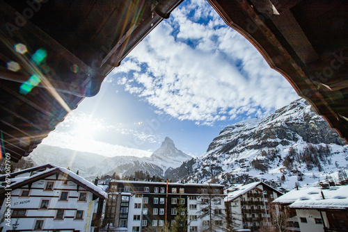 view of Matterhorn through hotel window in Zermatt