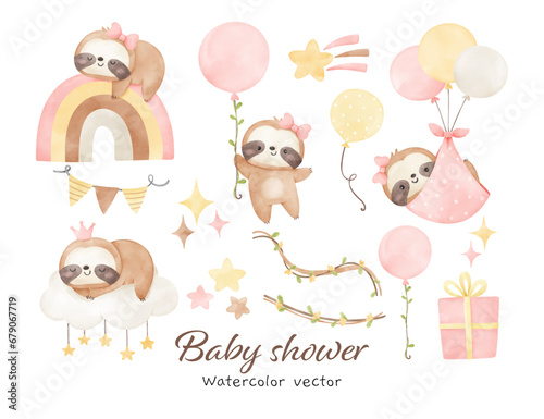 Baby shower sloth watercolor Decoration nursery birthday girl Print for invitation card Poster Template