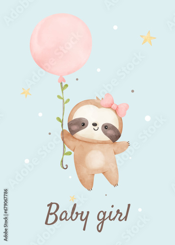 Postcard baby sloth with pink balloon For nursery birthday kids