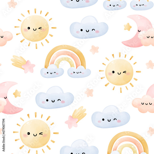 Draw seamless background cute weather Happy sun cloud star For baby shower Greeting card Clothing kids