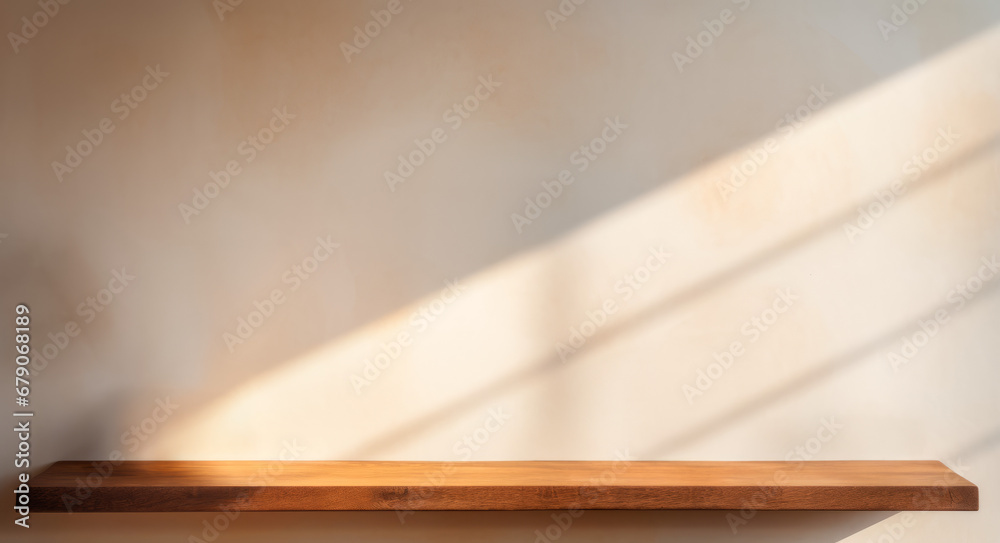 Versatile simple beige light background for presentation with a wooden shelf on the wall.