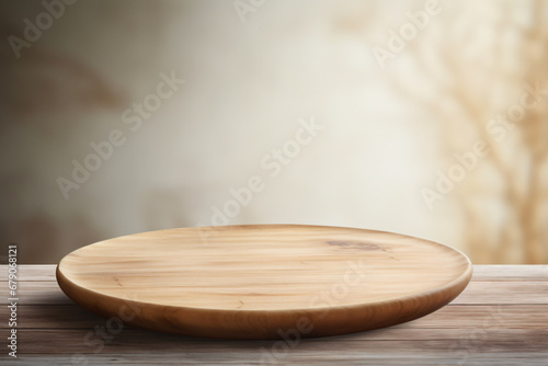 empty round wooden plate on a table, with a neutral and serene background.beige theme concept