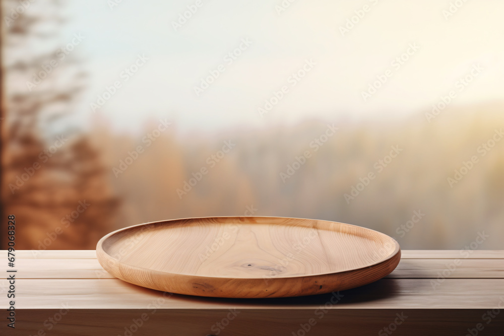 empty round wooden plate on a table, with a neutral and serene background.beige theme concept empty round wooden plate on a table, with a neutral and serene background.beige theme concept