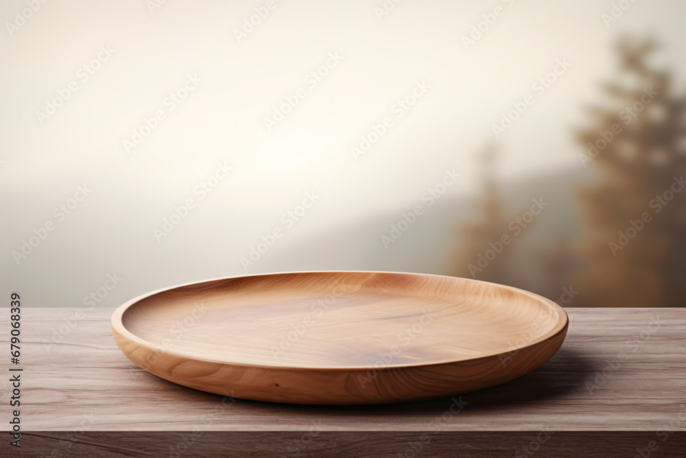 empty round wooden plate on a table, with a neutral and serene background.beige theme concept