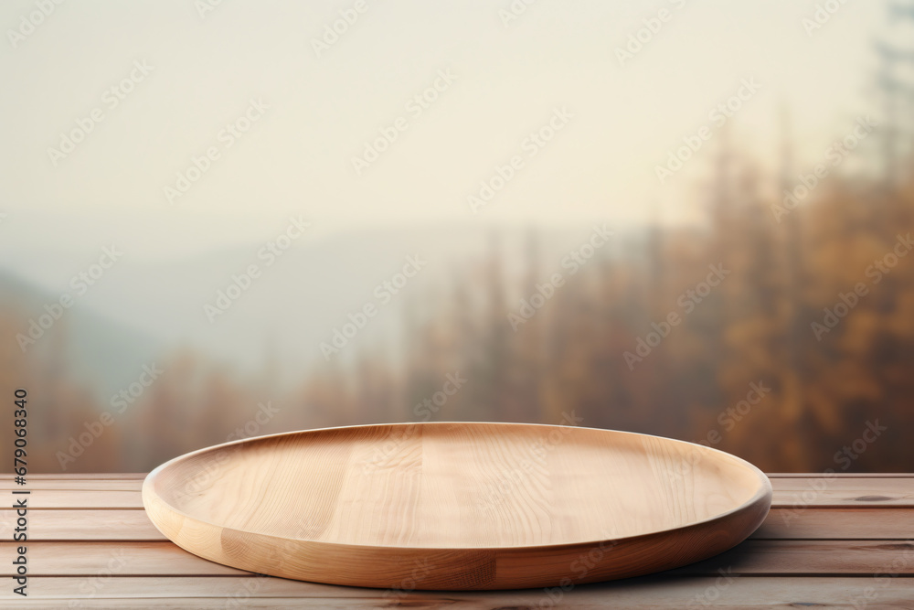 empty round wooden plate on a table, with a neutral and serene background.beige theme concept - obrazy, fototapety, plakaty 